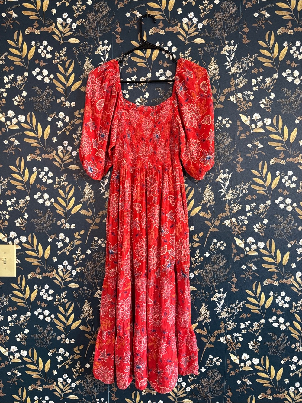 Angie Red Floral Puff Sleeve Maxi Dress Size L